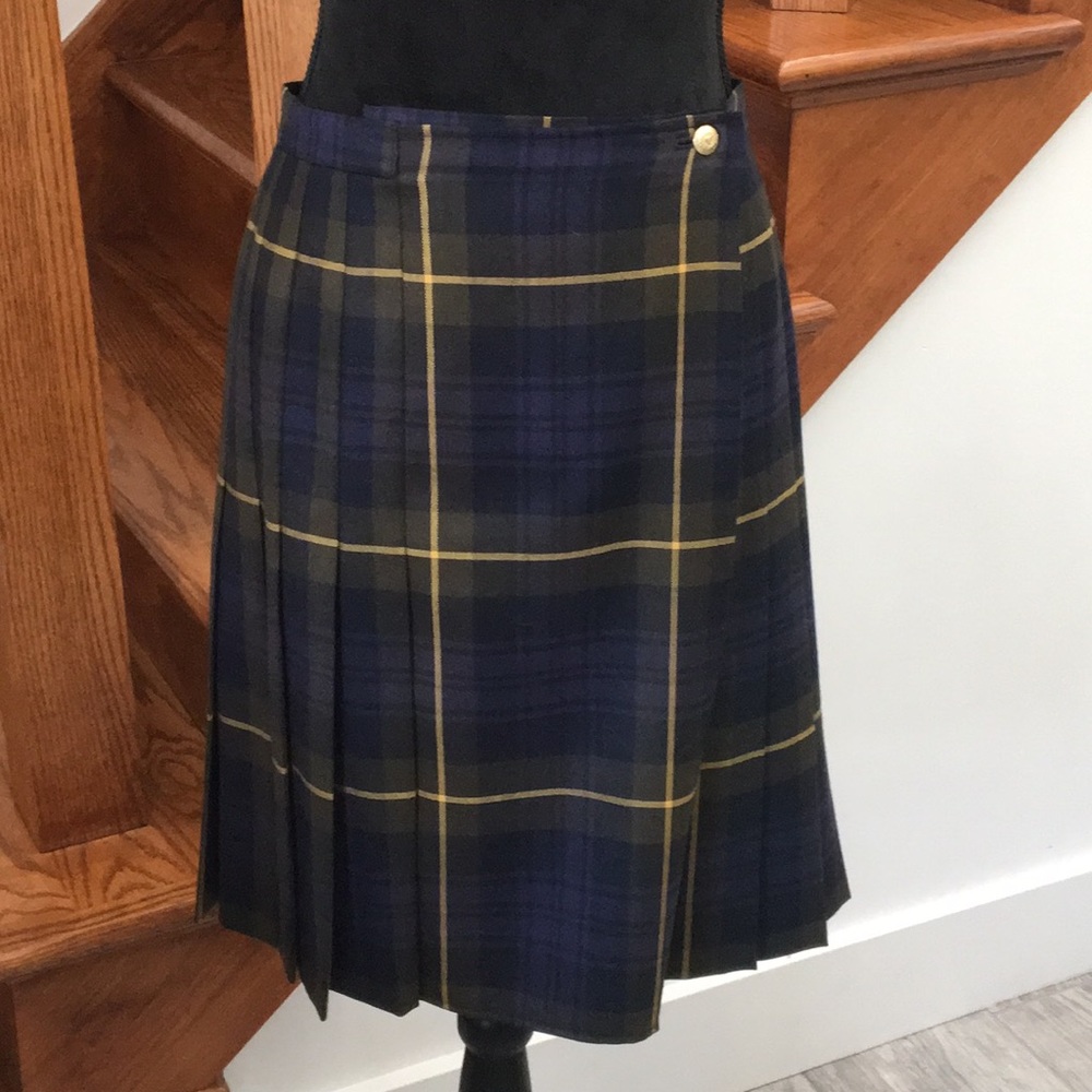 Vintage Escada Plaid Pleated Midi Wrap Skirt Kilt